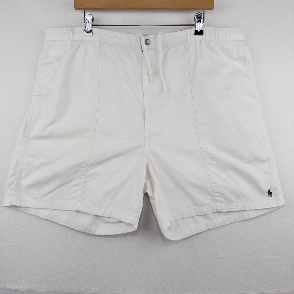 90's Vtg Polo Ralph Lauren Mens 2XL White Cotton Chino Drawstring Zip Shorts - Picture 1 of 7